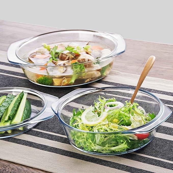 Set of 6 Pieces Round Tempered Glass Casserole Dish with Lids, Glass Casserole Baking Dish Set for Oven, Freezer and Dishwasher Safe - 0.7QT+1QT+1.5QT