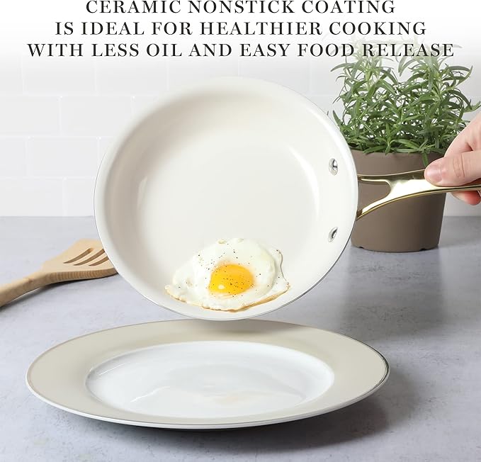 Martha Stewart Lockton Premium Non stick Non Toxic PFA Free Ceramic Interior 10 Piece Heavy Gauge Enamel Aluminum Pots and Pans Cookware Set - Linen White w/Gold Handle