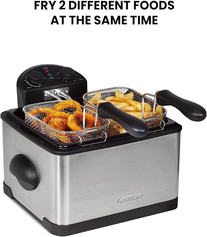 Kenmore Electric Deep Fryer - Grease & Odor Filtration, Simple Temperature Control, Eléctrica Freidoras For Home Use, 3 Baskets For Frying French Fries, Chicken Wing, 4 Liter Capacity Stainless Steel