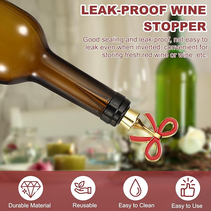 uxcell 2 Pcs Bow Wine Stopper, Reusable Wine Stoppers Airtight Leak-proof Bottle Plugs Liquor Saver Beer Beverage Glass Bottles Stopper for Bar Holiday Party Home Decor, Gold-Pink