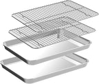 Small Baking Sheet with Rack Set [2 Cookie Sheets + 2 Baking Racks], CEKEE Stainless Steel Small Baking Pan and Grill Rack - Rust & Warp Resistant & Nonstick, Size 9.33 x 6.96 x 1 Inch