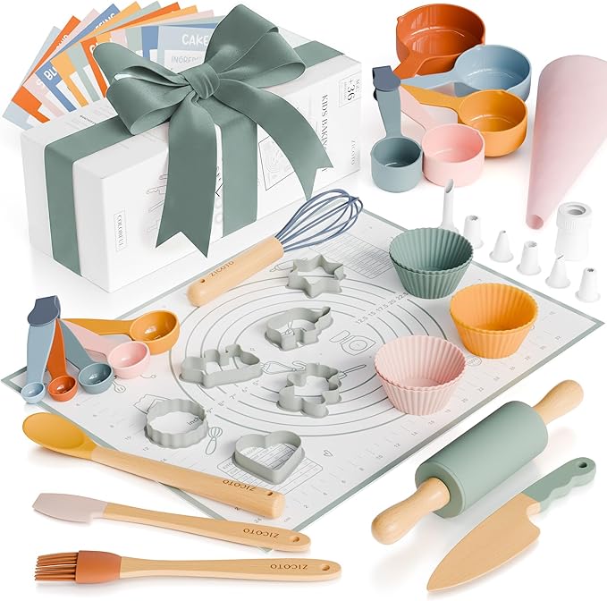 Wooden Baking Set for Kids - A Complete Set of Real Kitchen Utensils Gives Toddlers a Fun Cooking Experience - Durable Safe to Use Tools are Perfect for Gifting to Create Lasting Family Memories