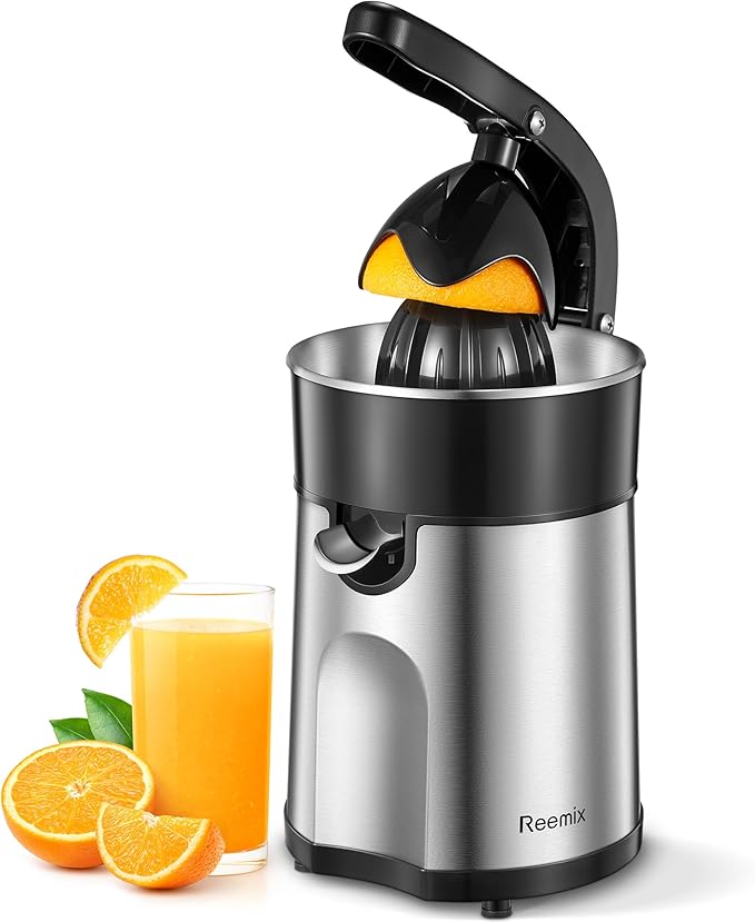 Electric Citrus Juicer Squeezer, Orange Juicer with Two Interchangeable Cones, Suitable for orange, lemon and Grapefruit, Brushed Stainless Steel, Easy to Clean and Use (Black+Silver)