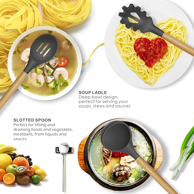 oannao Silicone Cooking Utensils Kitchen Utensil Set - 446°F Heat Resistant Silicone Kitchen Utensils Set, Spatula,Turner Tongs, Spoon, Whisk,Kitchen Gadgets for Nonstick Cookware, BPA Free (Gray)