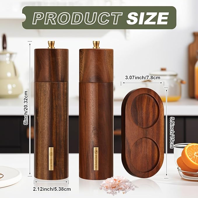 Wooden Salt and Pepper Grinder Set 8 Inch Manual Salt and Pepper Mill with Tray Adjustable Coarseness Refillable Wood Grinders with Gold Bottle Label for Kitchen Christmas Home Gift(Wood Color)