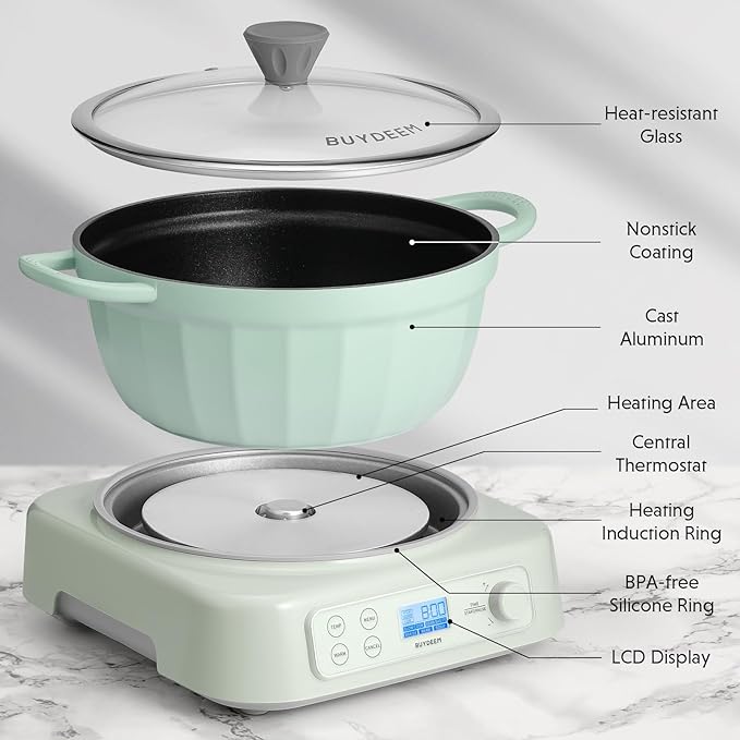 BUYDEEM 5-in-1 Slow Cooker 4.7QT with Removable Nonstick Stockpot, Compatible with Various Cookwares, Two Temperature Controls, Customized Time Settings, Auto Keep Warm for 2H, Cozy Greenish