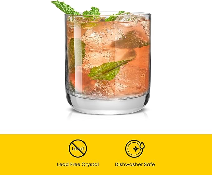 JoyJolt Faye Crystal Whiskey Glasses, Lowball Glasses Set of 6, 10oz Short Glass Tumbler, Double Old Fashioned Rocks Glass for Scotch or Bourbon, Dishwasher Safe Glassware
