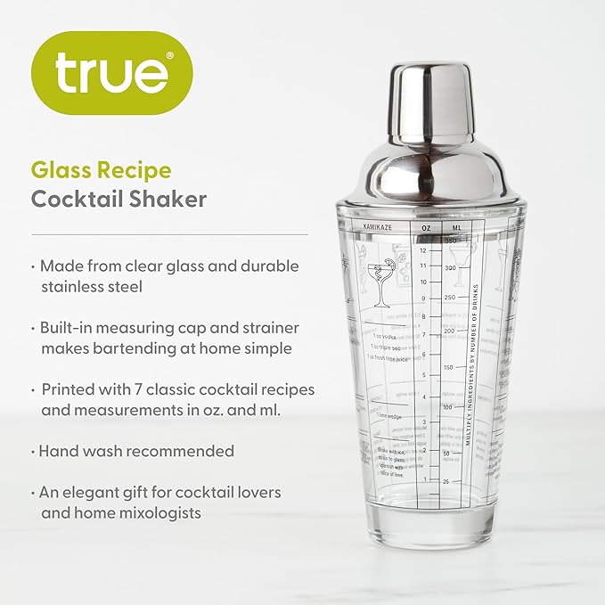 True Glass Cocktail Shaker with 7 Classic Recipes and Measurements for Cold Brew Cocktails, Home Bar Accessories, Bar Tools, Bartender Gifts, Hosting Essentials, 13.5 oz, Set of 1, Clear
