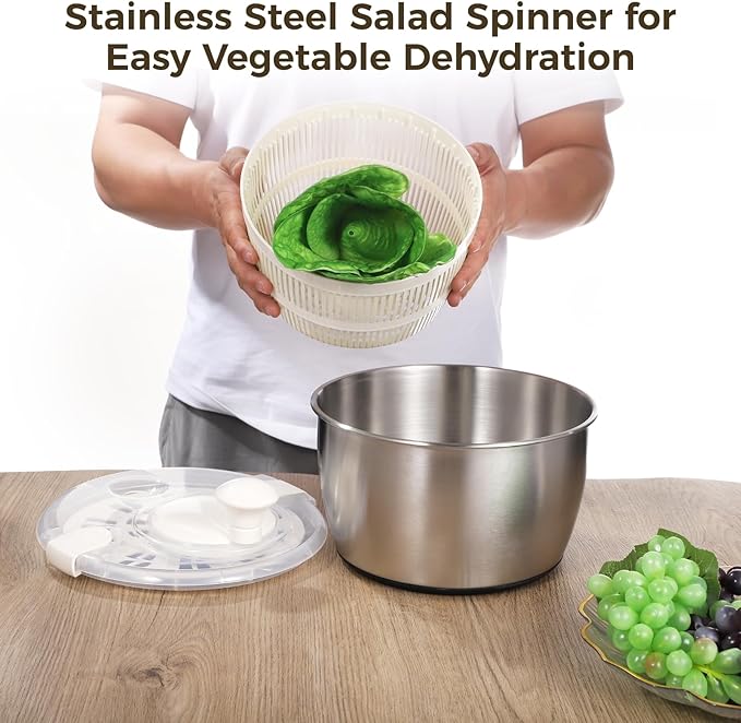 Stainless Steel Salad Spinner 5 L, 360° Quick Spin Function, BPA-Free Lid, Anti-Slip Base, Removable Design for Fruits, Vegetables, Pasta, and More