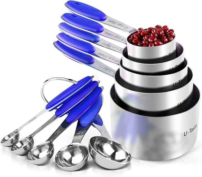 Measuring Cups : U-Taste 18/8 Stainless Steel Measuring Cups and Spoons Set of 10 Piece, Upgraded Thickness Handle(Blue)