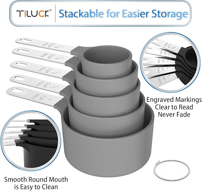 TILUCK Measuring Cups & Spoons Set, Stackable Cups and Spoons, Nesting Measure Cups with Stainless Steel Handle, Kitchen Gadgets for Cooking & Baking (Gray)
