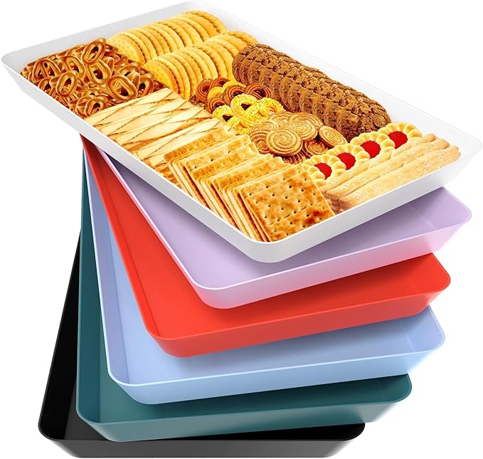 WOWBOX 6 pcs Serving Tray for Entertaining, Serving Platters for Snacks, Fruit, Cookies, Dessert, Reusable Plastic Trays for Serving Food, (White, Black, Green, Red, Purple, Blue)