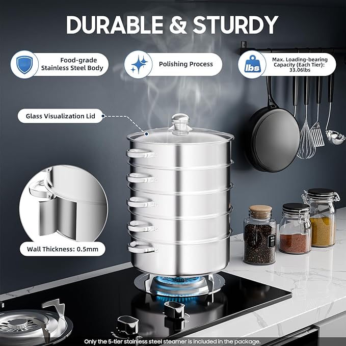 5 Tier Steamer Pot, Stackable Kitchen Steamer with One Piece Bottom Clear Visible Lid Large Capacity and Anti-Scald Handles Detachable Combination Storage Stainless Steel Steamers Pot for Dumplings Etc