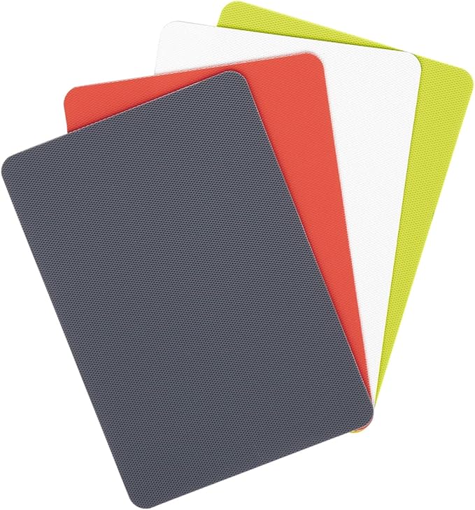 Dexas Heavy Duty Cutting Board Grippmat, Flexible Cutting Boards for Kitchen, Set of 4, Non Slip Plastic Board Cutting Mat 5.5 by 8 Inches Gray, Red, White and Green Set, Kitchen Gadgets