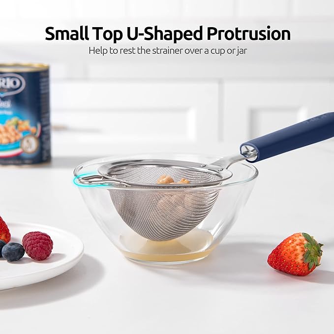 18/8 Stainless Steel Mesh Strainer: U-Taste 3.9 Inch Kitchen Fine Mesh Sieve Food Colander with Riveted Sturdy Silicone Handle and 30 Mesh Hole for Straining Flour, Quinoa, Tea, Juice (Midnight Blue)