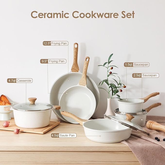 SENSARTE Nonstick Ceramic Cookware Set 16-Piece, Healthy Pots and Pans Set, Non-toxic Kitchen Cooking Set with Stay-Cool Handles, Silicone Utensils and Pot Protectors, PFAS/PTFE/PFOA Free