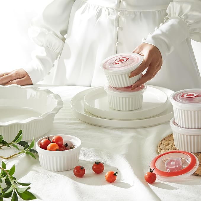 Sweese 6-Pack 8 oz Porcelain Ramekins with Lids, White Souffle Dishes for Baking, Creme Brulee Cups, Oven-Friendly Pudding Custard Bowls – Versatile Kitchen Essentials for Baking and Storing