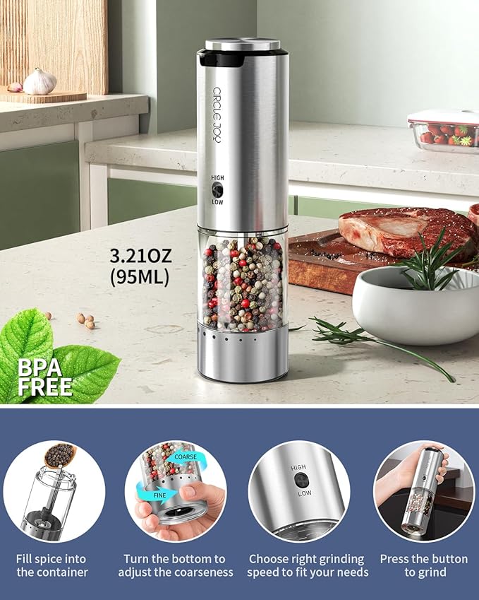 CIRCLE JOY Electric Pepper Grinder Stainless Steel Rechargeable Pepper Mill with Variable Grinding Speed, External Adjustable Coarseness, 95ml Container and White LED Light, Silver