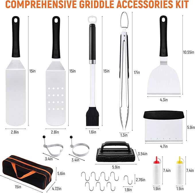 Griddle Accessries Kit, 20Pcs Stainless Steel Metal Spatula Set, Grill BBQ Spatula Utensils Set with Storage Bag, Professional Grill Spatula Set for Men Women Outdoor BBQ & Camping