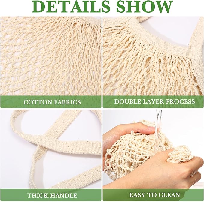 Woanger 24 Pcs Reusable Cotton Mesh Produce Shopping Bags Washable Grocery Net Portable Fruit and Vegetable Cotton String Bags Long Handle Net Tote Organizer(Short Handle)
