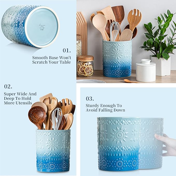 LOVECASA Extra Large Kitchen Utensil Holder, 7.2" Ceramic Farmhouse Utensil Holder For Kitchen Décor Countertop With Heavy And Sturdy Base, Utensil Crock Organizer, Blue