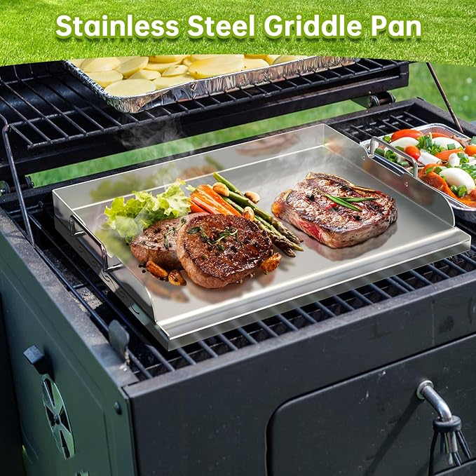 Universal Stainless Steel Griddle Flat Top Plate with Even Heating Bracing for BBQ Charcoal and Gas Grills, Camping, Tailgating, and Parties,with Grease Groove and Removable Handles (17" x 13")