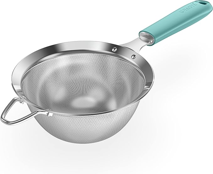 18/8 Stainless Steel Mesh Strainer: U-Taste 5.5 Inch Kitchen Fine Mesh Sieve Food Colander with Riveted Sturdy Silicone Handle and 30 Mesh Hole for Straining Flour, Pasta, Fruit, Quinoa(Aqua Sky)