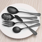 Matte Black Serving Set, sharecook 5-Piece 18/0 Stainless Steel Large Hostess Set with Round Edge, Satin Finished, Dishwasher Safe -Spoons, Forks,Butter Knife& Slotted Spoon