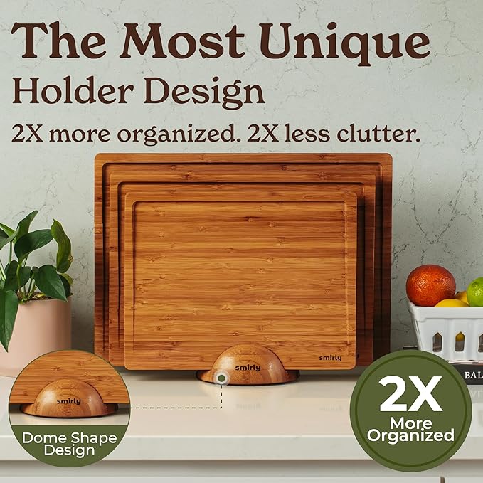 SMIRLY Wood Cutting Boards for Kitchen Wooden Chopping Board Set Reversible with Deep Juice Grooves Grip Handles, Large Charcuterie Tray, New Apartment Essentials, Carbonized Bamboo, 3Pcs with Holder