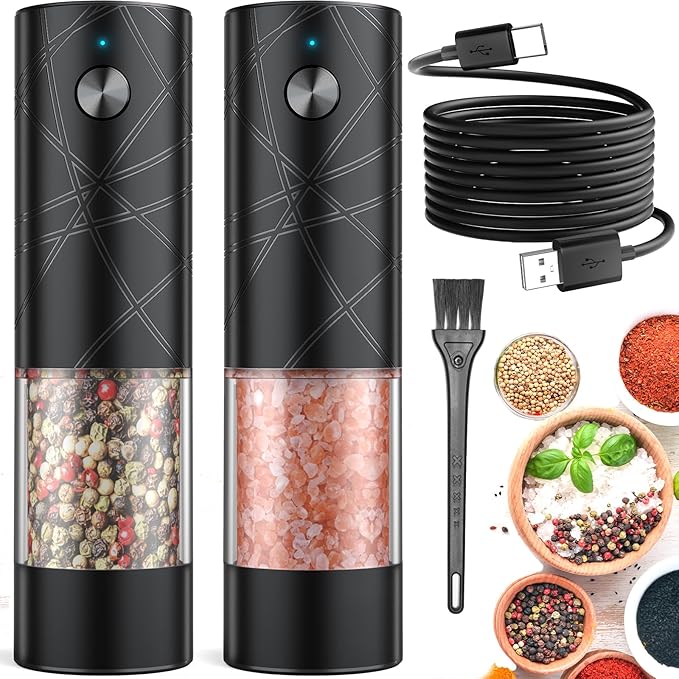 2Pack Electric Salt and Pepper Grinder Set USB Rechargeable with Warm LED Light, Adjustable Coarseness Lidaop Large Capacity Automatic Salt Pepper Mill Shakers for Kitchen, Restaurant, Upgrade Black