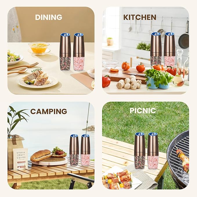 Gravity Electric Salt And Pepper Grinder Set, Automatic Salt And Pepper Grinder Set, Battery Powered (6 AAA Batteries Each), Adjustable Roughness, LED Light, 2 Pack, (Copper)