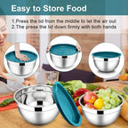 E-far Mixing Bowls with Lids, 6-Piece Stainless Steel Salad Bowls Metal Nesting Bowls for Baking Cooking and Prepping, Airtight Lids & Stackable Design, Size 4.5, 3, 1.5 QT (Blue)