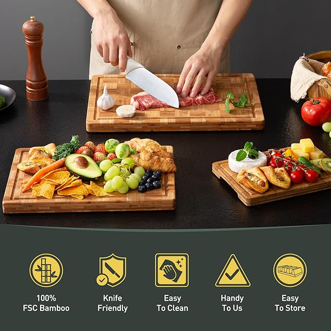3 Pack Heavy Duty Bamboo Cutting Board Set Non Toxic Wooden Cutting Board for Kitchen Non Slip Solid End Grain Thick Wood Juice Groove Chopping Board Extra Large Butcher Block Best House Warming Gift