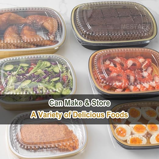 Oval Aluminum Foil Pans with Snap-On Lids (5 Pack) – 2X Thicker Heavy Duty Black & Gold Disposable Trays for Catering, Takeout & Party Serving, 50oz