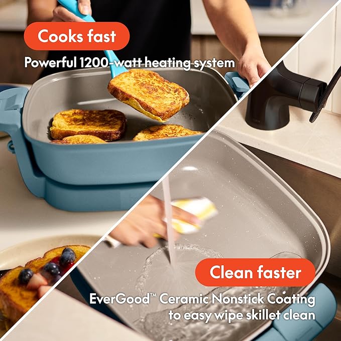 bella Make & Take Electric Skillet, Fits-anywhere™ kitchenware, EverGood™ Ceramic Coating, Adjustable Temperature & Dishwasher-Safe Tempered Glass Lid, Cast Aluminum Base, 1200 Watt, Surf