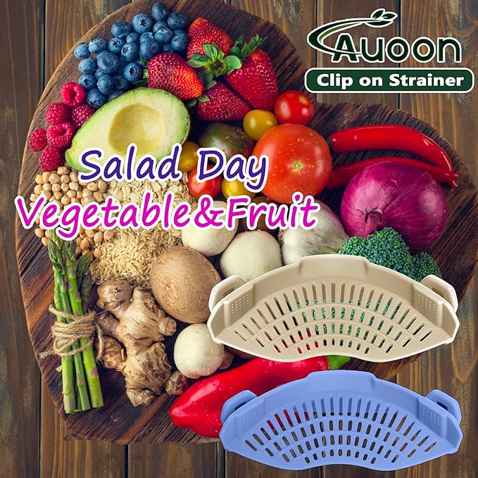 AUOON Clip on Strainer for Pots and Pans - Silicone Food Strainer for Draining Pasta, Spaghetti, Noodles, Fruits, Vegetables, Grease, Ground Beef (Blue Velvet)