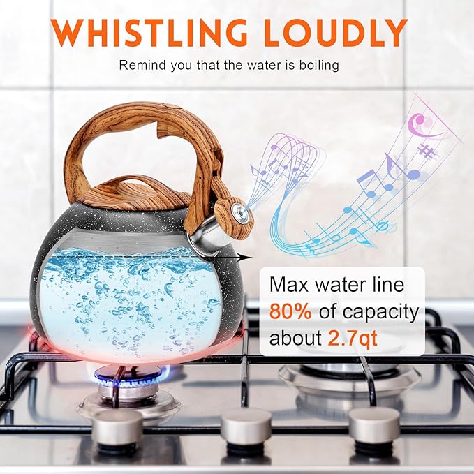 GGC Tea Kettle for Stove Top, Loud Whistling Kettle for Boiling Water Coffee or Milk, 3.1 Quart Heavy Stainless Steel Starry Black Kettle with Wood Pattern Handle, Unique Button Control Kettle Outlet
