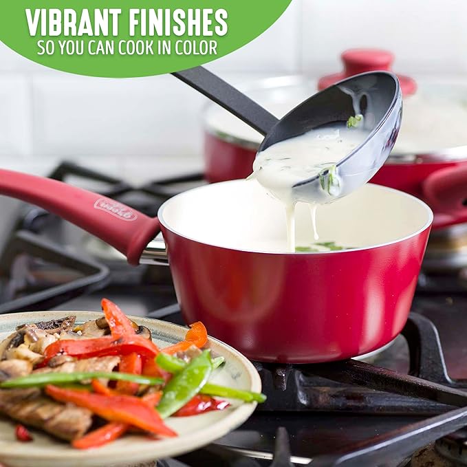 GreenLife Soft Grip 1QT and 2QT Saucepan Set, Healthy Ceramic Nonstick, Non Toxic PFAS & PFOA-Free, Dishwasher Safe, Glass Lids, Stay-Cool Handles, Easy Clean Cookware, Kitchen Essentials, Red