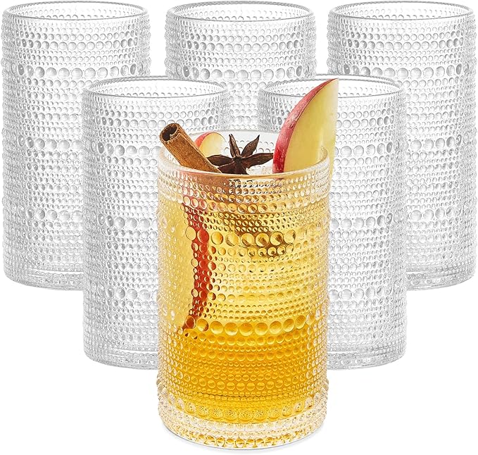 12 Oz Hobnail Drinking Glasses Set of 6 - Clear Multipurpose Glassware Sets, Decorative & Stylish Glasses Drinking Set W/Straws for Bar, Kitchen, Cocktail Glassware - Home, Dining, & Kitchen