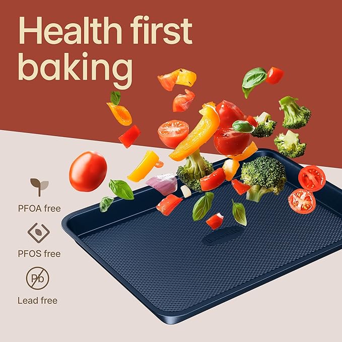 BAKKEN Kitchen Baking Pans - Nonstick Blue Coating, 13.58’’ × 9.65’’ Commercial Grade Carbon Steel Cookie Sheet, Diamond Texture Bottom, PFOA, PFOS, PTFE Free, Oven Safe Tray (450°F), Blue