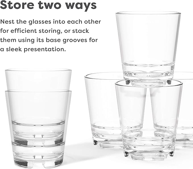TOSSWARE RESERVE 12oz Stacking Double Old Fashioned, Premium Quality, Tritan Dishwasher Safe & Heat Resistant Unbreakable Plastic Old Fashioned Glasses, Clear (Pack of 48)