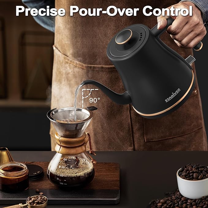 Stariver Gooseneck Electric Kettle, 0.8L Electric Tea Kettle Tea Pot, Pour Over Coffee Kettle with Stainless Steel Inner Lid & Bottom, Water Boiler with Auto Shut Off and Boil Dry Protection, Black