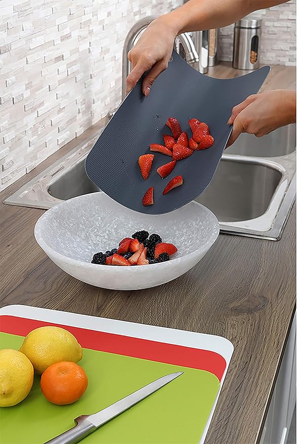 Dexas Heavy Duty Cutting Board Grippmat, Flexible Cutting Boards for Kitchen, Set of 4, Non Slip Plastic Board Cutting Mat 11.5 by 14 Inches Gray, Red, White and Green Set, Kitchen Gadgets