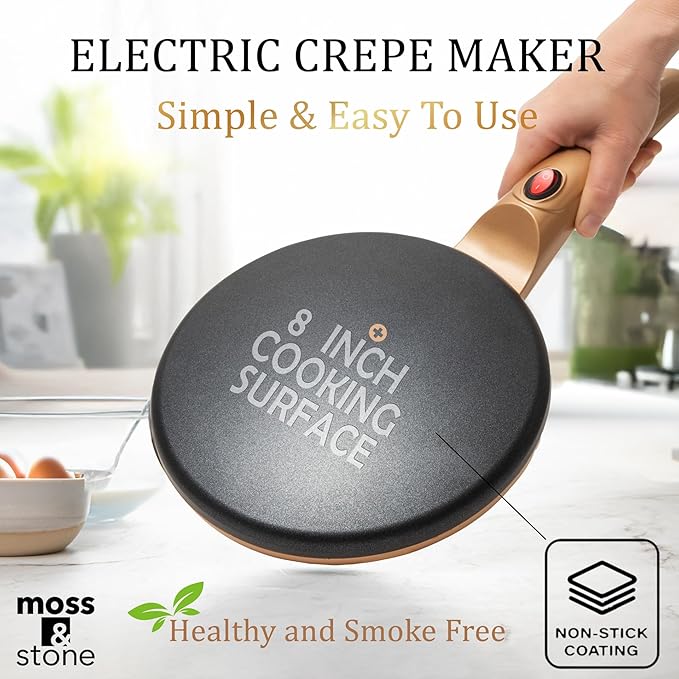 Moss & Stone Gold Electric Crepe Maker 8 Inch, Portable Crepe Maker & Hot Plate Cooktop On/Off Switch, Nonstick Coating, Automatic Temperature Control, Easy To Use For Pancakes, Blintz