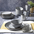 Gibson Home Rockaway 16-Piece Round Stoneware Dinnerware Set, Service for 4 – Grey with Gold Rim Plates and Bowls, Microwave & Dishwasher Safe