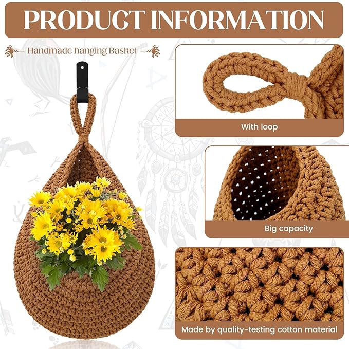 Hanging Fruit Baskets for Kitchen - 3 Pack Boho Wall Hanging Basket with 6 Pcs Strong Hooks, Handwoven Hanging Holder Teardrop Home Produce Basket for Fruits Vegetable Potato Onion Storage (Linen)