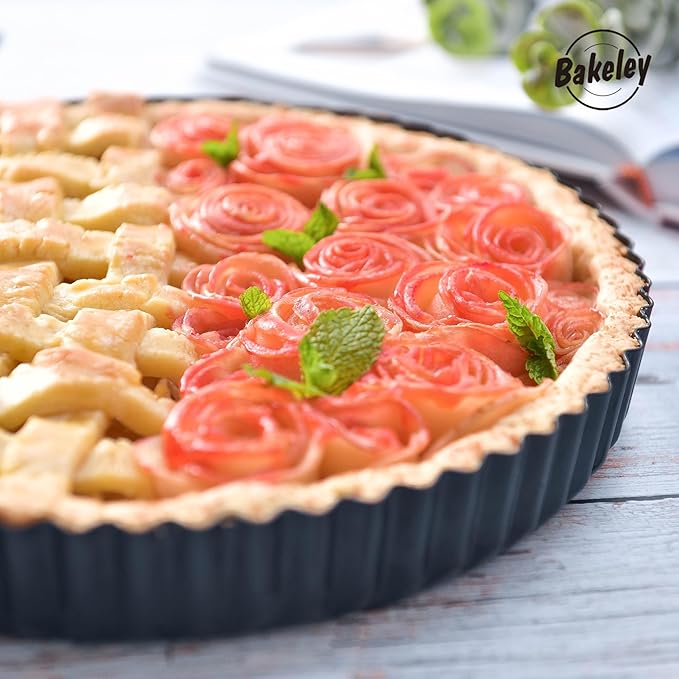 9-Inch Round Tart Pan with Loose Removable Bottom, Non-Stick Carbon Steel Quiche Pan for Oven Baking (Black)