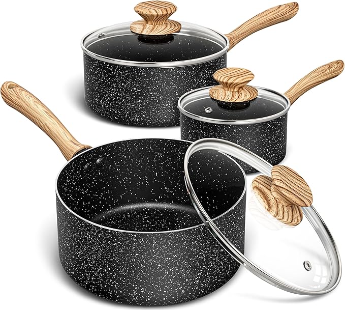 MICHELANGELO Saucepan Set, Nonstick Sauce Pans with Granite Coatings, Stone Sauce Pan with Lids, Non Stick Pot Sets, Sauce Pots 3 Piece, 1Qt, 2Qt & 3Qt