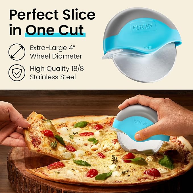 Kitchy Pizza Cutter Wheel with Protective Blade Cover, Ergonomic Pizza Slicer (Blue)