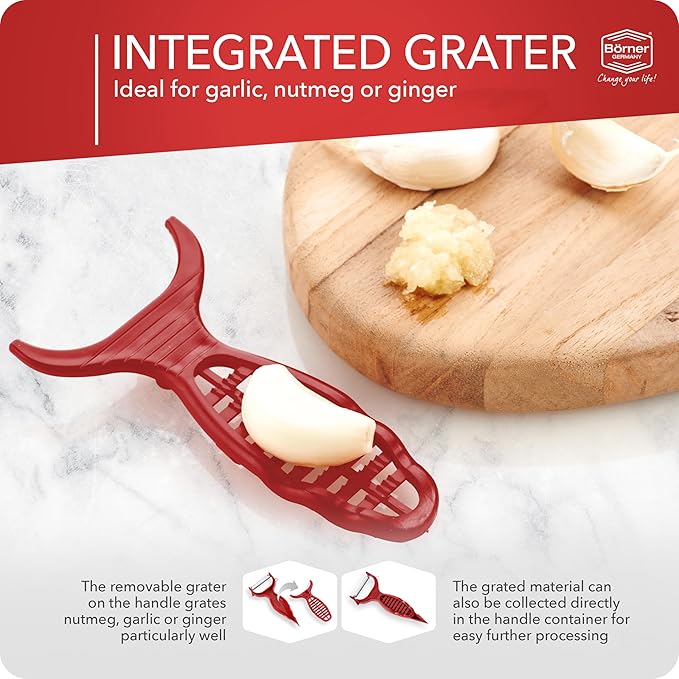 Börner Vegetable Peeler (6-in-1) • Garnishing Peeler with Grater • Multifunctional Peeler for Fruits & Vegetables • Fruit Peeler, Universal Peeler, Potato Peeler • Color: Red